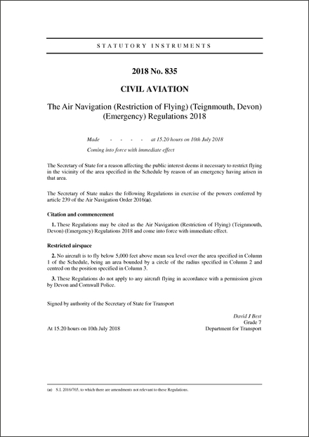 The Air Navigation (Restriction of Flying) (Teignmouth, Devon) (Emergency) Regulations 2018