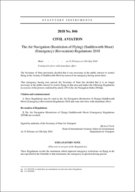 The Air Navigation (Restriction of Flying) (Saddleworth Moor) (Emergency) (Revocation) Regulations 2018