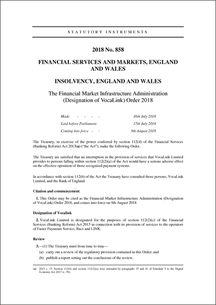 The Financial Market Infrastructure Administration (Designation of VocaLink) Order 2018