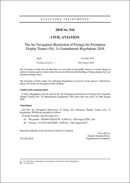 The Air Navigation (Restriction of Flying) (Jet Formation Display Teams) (No. 3) (Amendment) Regulations 2018