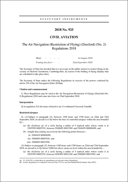 The Air Navigation (Restriction of Flying) (Duxford) (No. 2) Regulations 2018