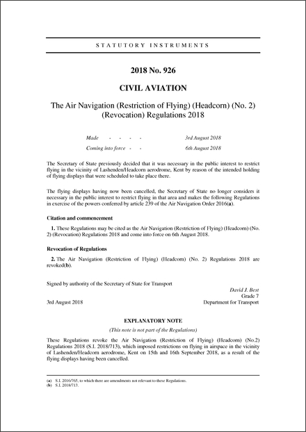 The Air Navigation (Restriction of Flying) (Headcorn) (No. 2) (Revocation) Regulations 2018