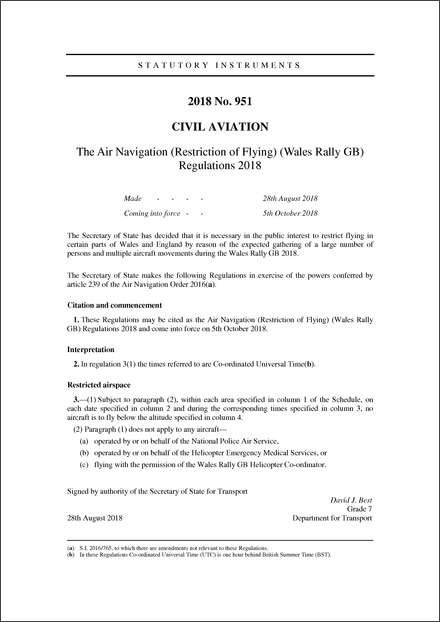 The Air Navigation (Restriction of Flying) (Wales Rally GB) Regulations 2018
