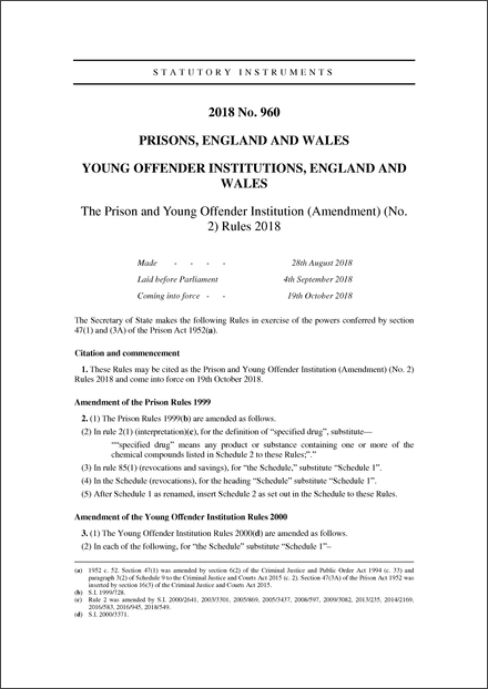The Prison and Young Offender Institution (Amendment) (No. 2) Rules 2018