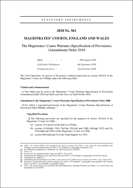 The Magistrates' Courts Warrants (Specification of Provisions) (Amendment) Order 2018