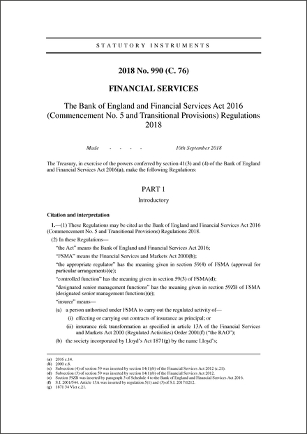 The Bank of England and Financial Services Act 2016 (Commencement No. 5 and Transitional Provisions) Regulations 2018