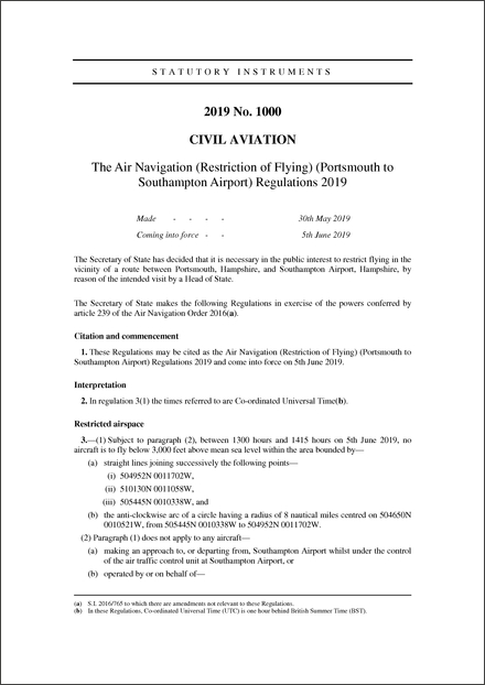 The Air Navigation (Restriction of Flying) (Portsmouth to Southampton Airport) Regulations 2019