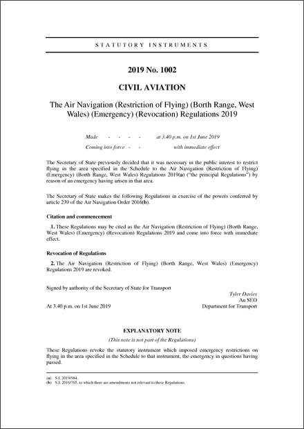 The Air Navigation (Restriction of Flying) (Borth Range, West Wales) (Emergency) (Revocation) Regulations 2019