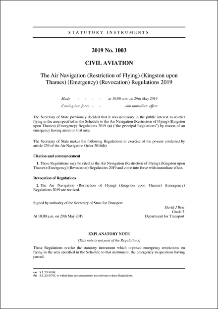The Air Navigation (Restriction of Flying) (Kingston upon Thames) (Emergency) (Revocation) Regulations 2019
