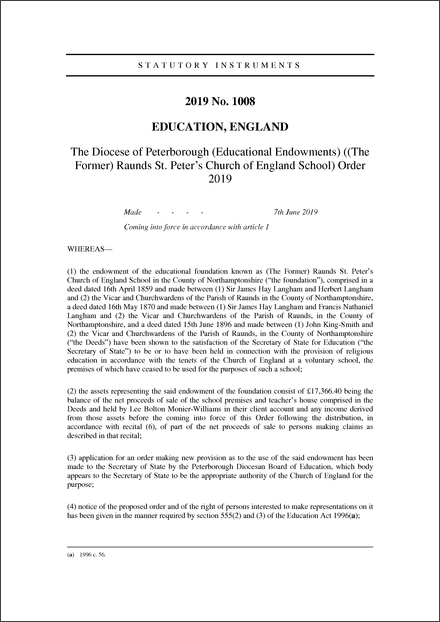 The Diocese of Peterborough (Educational Endowments) ((The Former) Raunds St. Peter's Church of England School) Order 2019