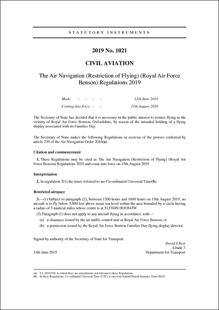 The Air Navigation (Restriction of Flying) (Royal Air Force Benson) Regulations 2019