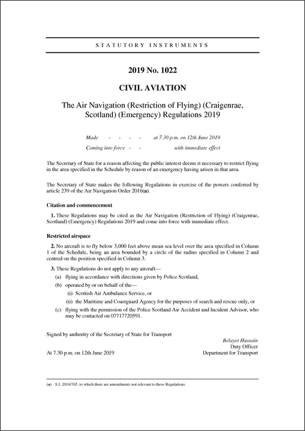 The Air Navigation (Restriction of Flying) (Craigenrae, Scotland) (Emergency) Regulations 2019