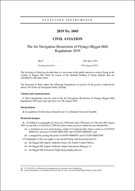 The Air Navigation (Restriction of Flying) (Biggin Hill) Regulations 2019