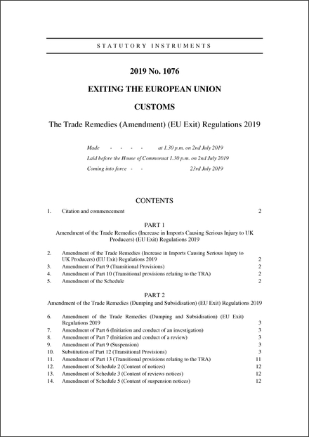 The Trade Remedies (Amendment) (EU Exit) Regulations 2019