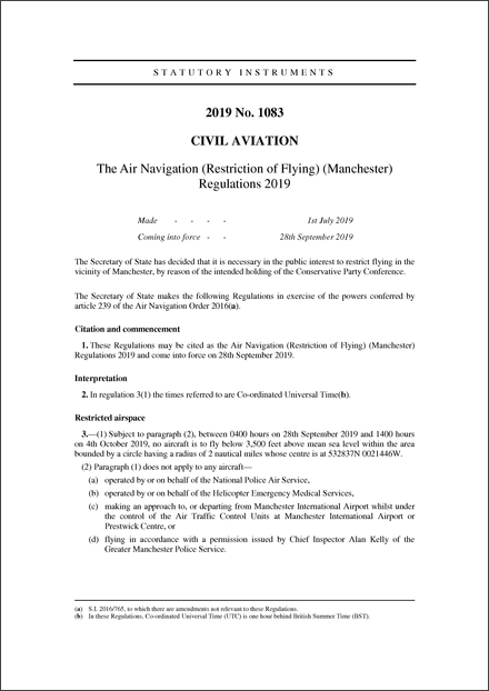 The Air Navigation (Restriction of Flying) (Manchester) Regulations 2019
