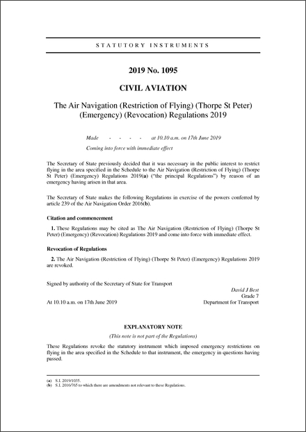 The Air Navigation (Restriction of Flying) (Thorpe St Peter) (Emergency) (Revocation) Regulations 2019