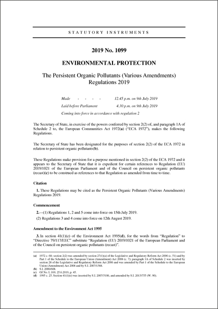 The Persistent Organic Pollutants (Various Amendments) Regulations 2019