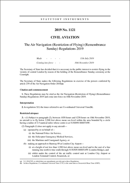 The Air Navigation (Restriction of Flying) (Remembrance Sunday) Regulations 2019