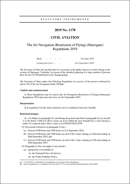 The Air Navigation (Restriction of Flying) (Harrogate) Regulations 2019