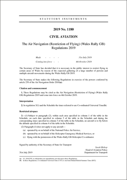 The Air Navigation (Restriction of Flying) (Wales Rally GB) Regulations 2019