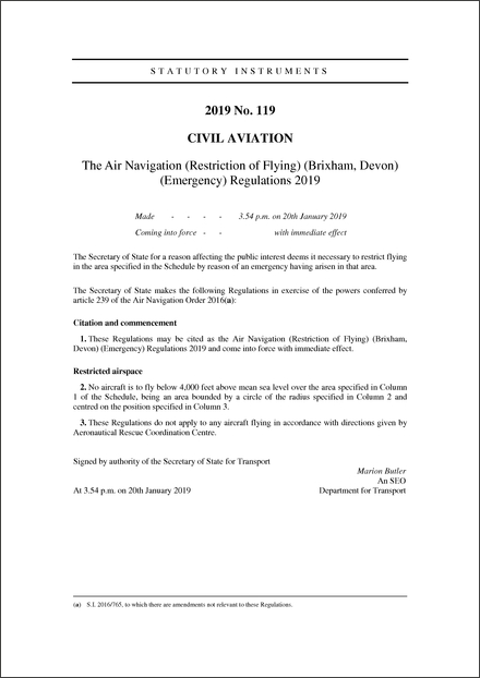 The Air Navigation (Restriction of Flying) (Brixham, Devon) (Emergency) Regulations 2019