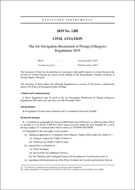 The Air Navigation (Restriction of Flying) (Glasgow) Regulations 2019