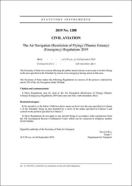 The Air Navigation (Restriction of Flying) (Thames Estuary) (Emergency) Regulations 2019