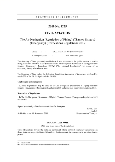 The Air Navigation (Restriction of Flying) (Thames Estuary) (Emergency) (Revocation) Regulations 2019