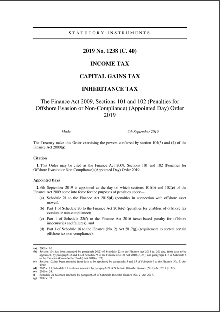 The Finance Act 2009, Sections 101 and 102 (Penalties for Offshore Evasion or Non-Compliance) (Appointed Day) Order 2019