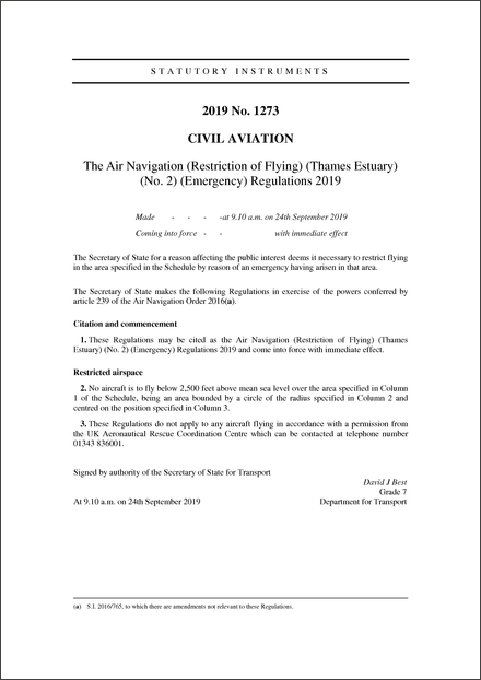 The Air Navigation (Restriction of Flying) (Thames Estuary) (No. 2) (Emergency) Regulations 2019