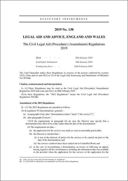 The Civil Legal Aid (Procedure) (Amendment) Regulations 2019