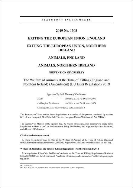 The Welfare of Animals at the Time of Killing (England and Northern Ireland) (Amendment) (EU Exit) Regulations 2019