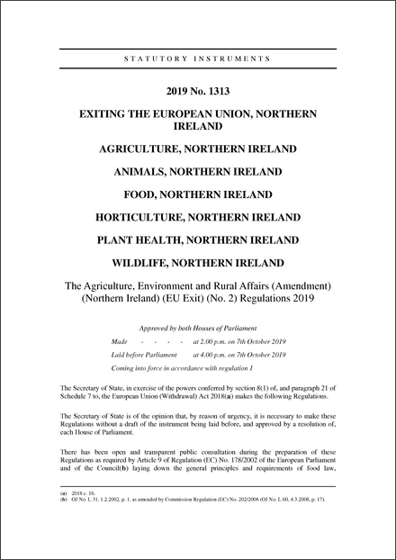 The Agriculture, Environment and Rural Affairs (Amendment) (Northern Ireland) (EU Exit) (No. 2) Regulations 2019