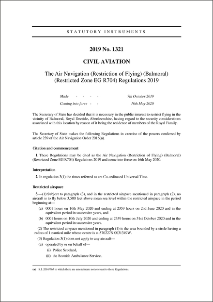 The Air Navigation (Restriction of Flying) (Balmoral) (Restricted Zone EG R704) Regulations 2019
