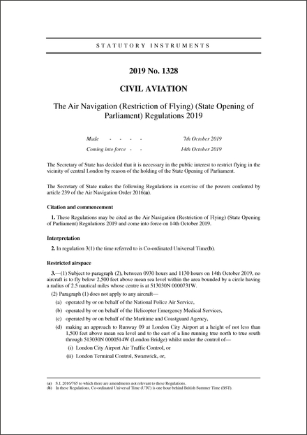 The Air Navigation (Restriction of Flying) (State Opening of Parliament) Regulations 2019
