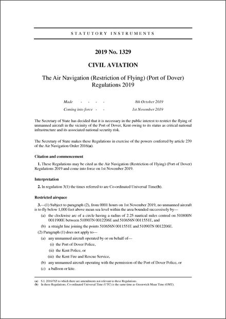 The Air Navigation (Restriction of Flying) (Port of Dover) Regulations 2019