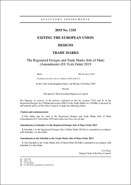 The Registered Designs and Trade Marks (Isle of Man) (Amendment) (EU Exit) Order 2019