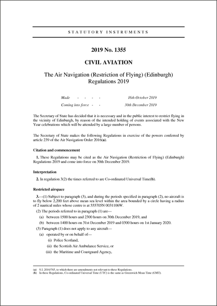 The Air Navigation (Restriction of Flying) (Edinburgh) Regulations 2019
