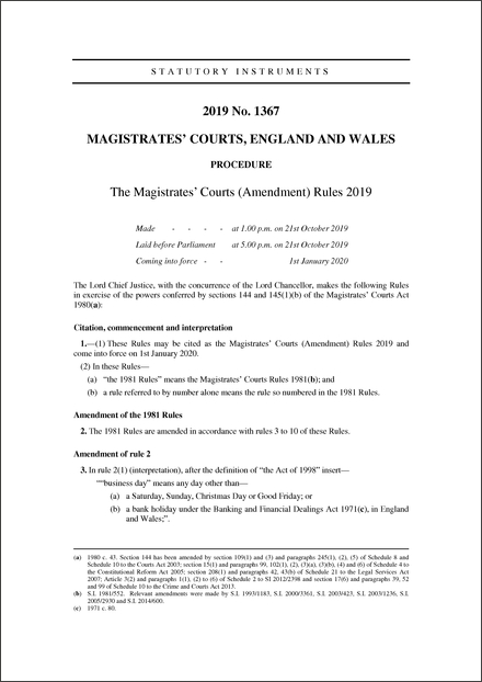 The Magistrates' Courts (Amendment) Rules 2019