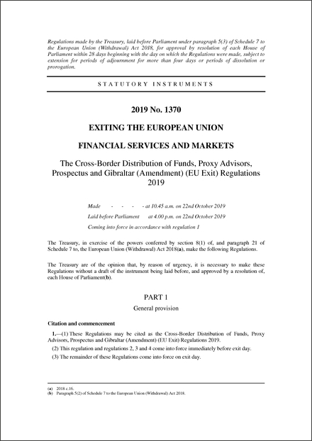 The Cross-Border Distribution of Funds, Proxy Advisors, Prospectus and Gibraltar (Amendment) (EU Exit) Regulations 2019