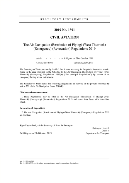 The Air Navigation (Restriction of Flying) (West Thurrock) (Emergency) (Revocation) Regulations 2019