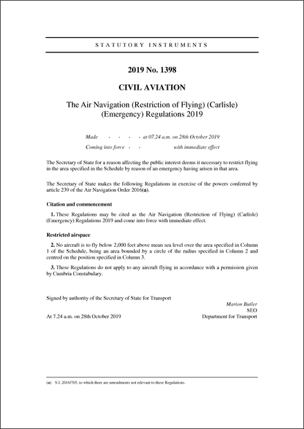 The Air Navigation (Restriction of Flying) (Carlisle) (Emergency) Regulations 2019