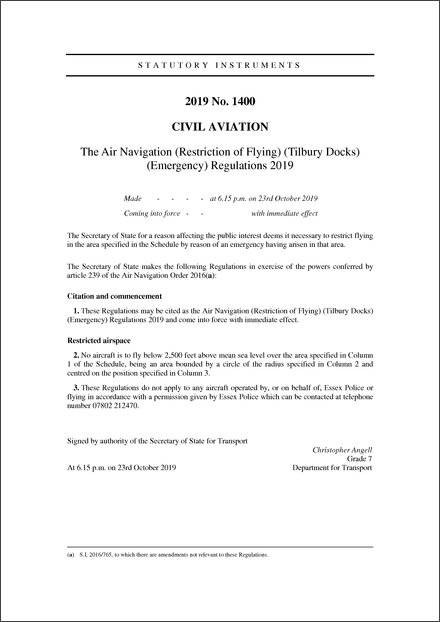 The Air Navigation (Restriction of Flying) (Tilbury Docks) (Emergency) Regulations 2019