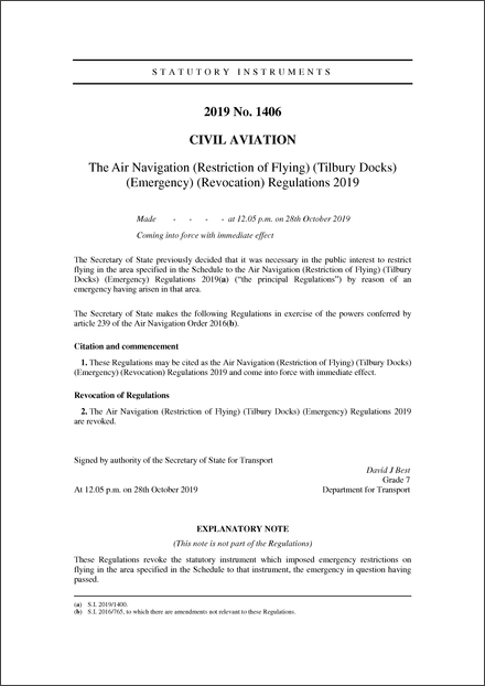 The Air Navigation (Restriction of Flying) (Tilbury Docks) (Emergency) (Revocation) Regulations 2019