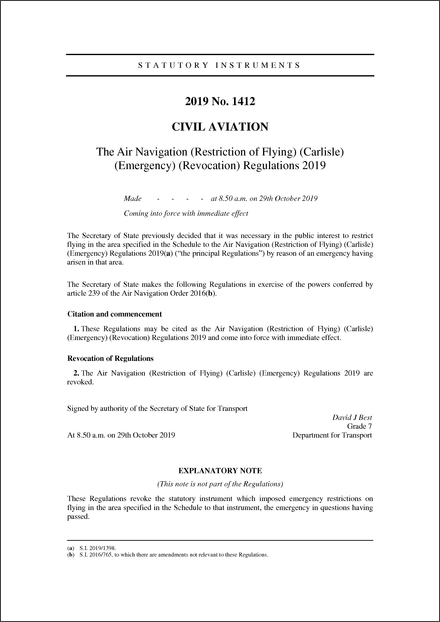 The Air Navigation (Restriction of Flying) (Carlisle) (Emergency) (Revocation) Regulations 2019