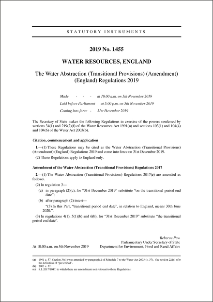 The Water Abstraction (Transitional Provisions) (Amendment) (England) Regulations 2019