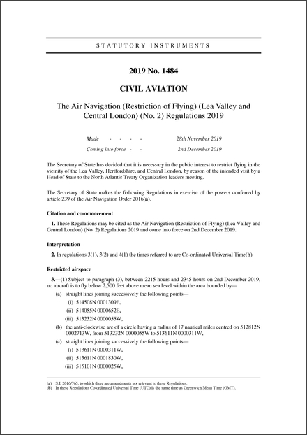 The Air Navigation (Restriction of Flying) (Lea Valley and Central London) (No. 2) Regulations 2019