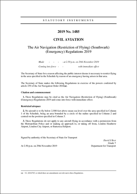 The Air Navigation (Restriction of Flying) (Southwark) (Emergency) Regulations 2019