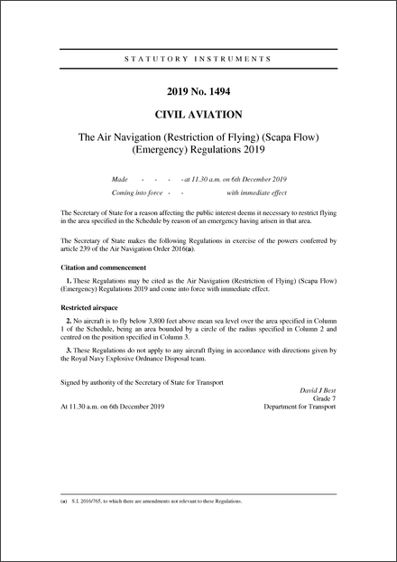 The Air Navigation (Restriction of Flying) (Scapa Flow) (Emergency) Regulations 2019