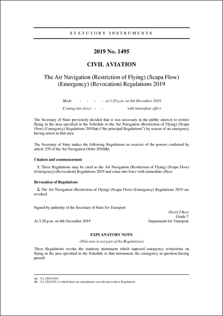 The Air Navigation (Restriction of Flying) (Scapa Flow) (Emergency) (Revocation) Regulations 2019